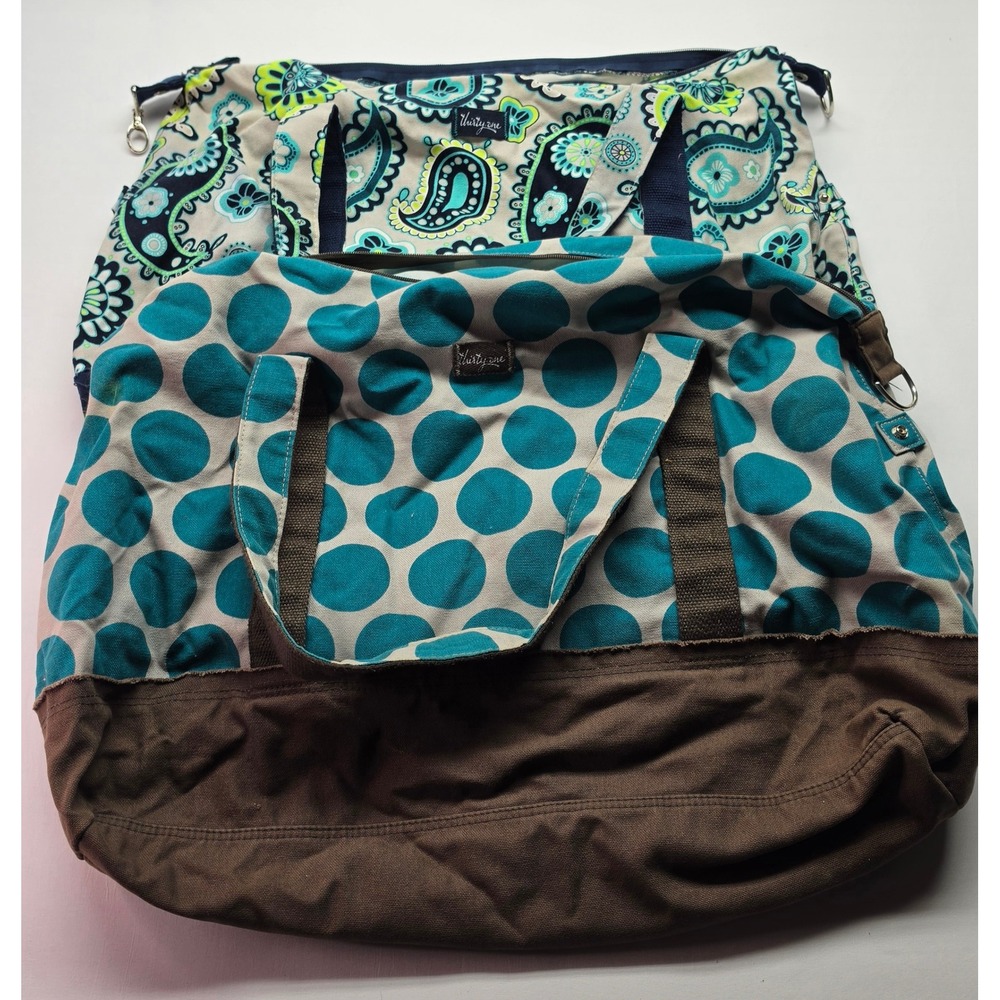 Thirty-One Canvas Duffel Bag Bundle Paisley Polka Dot Teal Brown Travel Bags 2pc